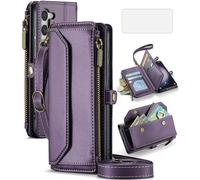 Phone Case for Samsung Galaxy S23 5G Zipper Wallet Cover with Tempered Glass Screen Protector and Wrist Strap Flip RFID Blocking Card Holder Cell S 23 23S GS23 G5 SM-S911U 6.1 inch Women Girls Purple