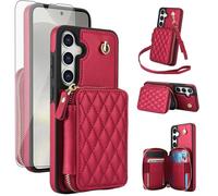 Phone Case for Samsung Galaxy S24 FE 5G Wallet Cell Cover with Tempered Glass Screen Protector Wrist Crossbody Strap Stand RFID Blocking Credit Card Holder Slot S 24 EF AI S24FE 24S Women Girls Red
