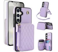 Phone Case for Samsung Galaxy S24 FE 5G Wallet Cell Cover with Tempered Glass Screen Protector Wrist Crossbody Strap Stand RFID Blocking Credit Card Holder Slot S 24 EF AI S24FE 24S Women Girls Purple