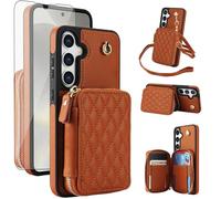 Phone Case for Samsung Galaxy S24 FE 5G Wallet Cell Cover with Tempered Glass Screen Protector Wrist Crossbody Strap Stand RFID Blocking Credit Card Holder Slot S 24 EF AI S24FE 24S Women Girls Brown