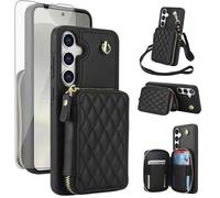 Phone Case for Samsung Galaxy S24 FE 5G Wallet Cell Cover with Tempered Glass Screen Protector Wrist Crossbody Strap Stand RFID Blocking Credit Card Holder Slot S 24 EF AI S24FE 24S Women Girls Black