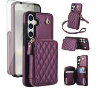 Phone Case for Samsung Galaxy S24 FE 5G Wallet Cell Cover with Tempered Glass Screen Protector Wrist Crossbody Strap Stand RFID Blocking Credit Card Holder S 24 EF AI S24FE 24S Women Girls Dark Purple