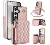 Phone Case for Samsung Galaxy S24 FE 5G Wallet Cell Cover with Tempered Glass Screen Protector Wrist Crossbody Strap Stand RFID Blocking Credit Card Holder S 24 EF AI S24FE 24S Women Girls Rose Gold