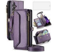 Phone Case for Samsung Galaxy S24 FE 5G Zipper Wallet Cover with Tempered Glass Screen Protector and Crossbody Wrist Strap Flip RFID Blocking Credit Card Holder Cell S 24 EF AI S24FE 24S Women Purple
