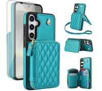 Phone Case for Samsung Galaxy S24 Plus S24+ 5G Wallet Cell Cover with Tempered Glass Screen Protector Wrist Crossbody Strap RFID Blocking Card Holder S24Plus 24S + S 24 24+ SM-S926U Women Girls Green
