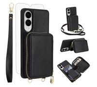 Phone Case for Samsung Galaxy S25 Edge 5G Wallet Cell Cover with Tempered Glass Screen Protector Crossbody Strap Lanyard RFID Blocking Credit Card Holder S25Edge 25S S 25 25Edge 6.66 2025 Women Black