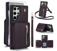 Phone Case for Samsung Galaxy S25 Ultra 5G RFID Wallet Cell Cover with Tempered Glass Screen Protector Crossbody Strap Card Holder Slot Stand S25Ultra 25S S 25 25Ultra 6.9 2025 Women Men Dark Purple