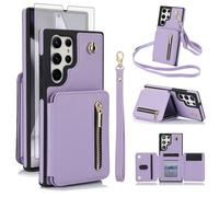 Phone Case for Samsung Galaxy S25 Ultra 5G RFID Wallet Cell Cover with Tempered Glass Screen Protector Crossbody Strap Card Holder Slot Stand S25Ultra 25S S 25 25Ultra 6.9 2025 Women Men Purple