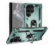 Phone Case for Samsung Galaxy S25 Ultra 5G with Tempered Glass Screen Protector Stand Ring Holder Hard Shockproof Metal Heavy Duty Kickstand Cell Accessories S 25 S25Ultra Women Men Dark Green