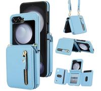 Phone Case for Samsung Galaxy Z Flip 6 5G 2024 RFID Blocking Wallet Cell Zipper Cover with Crossbody Strap Shoulder Lanyard Credit Card Holder Slot Stand ZFlip6 Z6 G Flip6 ZFlip 6Z Women Blue