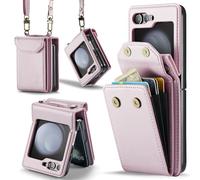 Phone Case for Samsung Galaxy Z Flip 6 5G/Z Flip7 FE Wallet Cell Cover with Wrist Lanyard Crossbody Strap RFID Blocking Stand Credit Card Holder Slot ZFlip6 Z6 Flip6 ZFlip 6Z 7FE Women Men Rose Gold