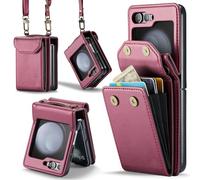 Phone Case for Samsung Galaxy Z Flip 6 5G/Z Flip7 FE Wallet Cell Cover with Wrist Lanyard Crossbody Strap RFID Blocking Stand Credit Card Holder Slot ZFlip6 Z6 G Flip6 ZFlip 6Z 7FE Women Men Wine Red