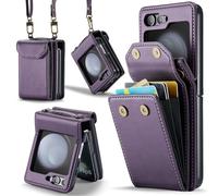 Phone Case for Samsung Galaxy Z Flip 6 5G/Z Flip7 FE Wallet Cell Cover with Wrist Lanyard Crossbody Strap RFID Blocking Stand Credit Card Holder Slot ZFlip6 Z6 G Flip6 ZFlip 6Z 7FE Women Men Purple