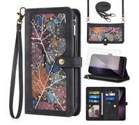 Phone Case for Sony Xperia 1 VII 5G 2025 Wallet Cover With Tempered Glass Screen Protector and Crossbody Wrist Strap Leather Flip Pattern Zipper Credit Card Holder Stand Cell 1VII XQ-FS54 PDX256 Black
