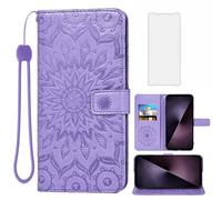 Phone Case for Sony Xperia 1 VII 5G 2025 Wallet with Tempered Glass Screen Protector and Sunflower Leather Slim Flip Cover Card Holder Stand Cell Accessories 1VII XQ-FS54 PDX256 Women Men Purple