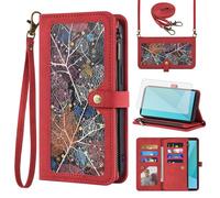 Phone Case for Sony Xperia 10 VII 2025 Wallet Cover With Tempered Glass Screen Protector Crossbody Wrist Strap Leather Flip Pattern Zipper Credit Card Holder Stand Cell 10VII 5G XQ-FE54 XQZ-CBFE Red