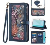 Phone Case for Sony Xperia 10 VII 2025 Wallet Cover With Tempered Glass Screen Protector Crossbody Wrist Strap Leather Flip Pattern Zipper Credit Card Holder Stand Cell 10VII 5G XQ-FE54 XQZ-CBFE Blue