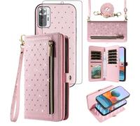 Phone Case for Xiaomi Redmi Note 10 Pro Zipper Wallet Detachable Magnetic Cell Cover with Screen Protector Crossbody Lanyard Strap Bling Credit Card Holder Slots Redme Note10 10Pro Max Women Pink