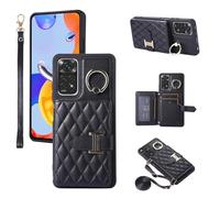 Phone Case For Xiaomi Redmi Note 11 Pro 4G/5G Wallet Cover with Crossbody Shoulder Strap and Leather Credit Card Holder 360°Rotation Ring Kickstand Cell Accessories Redme Note11 11E 11Pro Girls Black
