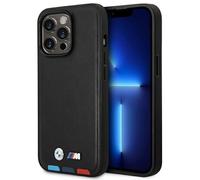 BMW iPhone 14 Pro Case, Black - Leather Hot Stamp Tricolor