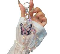 Phone Charm with Beaded Crystals, Anti-Theft Phone Strap, Hands-Free & Detachable Cellphone Lanyard, Cellphone Chain Wristlet with Tether Tab, Charms for Smartphones, Bags and More (Pink Butterfly)