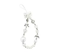 Phone Charm with Pearl Heart Bow Beaded Cute Y2K Butterfly Bow Knot Phone Keychain White Bracelet Strap Stylish Anti-Lost Lanyard Wrist Chain for Mobile Camera Backpack Wallet (Baroque Angel Design)