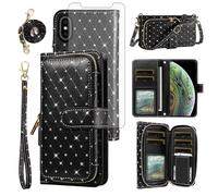 Phone Cover for iPhone Xs Max Wallet Case Cell Zipper and Tempered Glass Screen Protector Crossbody Lanyard Strap Card Holder Slot i X XR Xsmax 10x SX Xmax 10xs 10s 10 Plus Xmaxs Women Girls Black