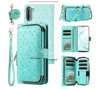 Phone Cover for Samsung Galaxy Note 10 5G Wallet Case Cell Zipper with Tempered Glass Screen Protector Crossbody Lanyard Strap Glitter Card Holder Note10 Notes 10s Ten Not S10 Women Men Green