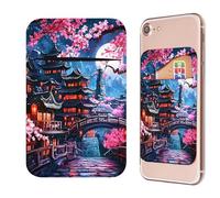 Phone Credit Card Holder Stick on, Phone Case Wallet, Cell Phone Pocket Self Adhesive Stretchy Lycra Stick on Wallet ID Credit Card Case Pouch Sleeve for All Smartphones, Cherry Blossom House