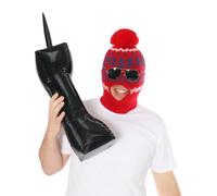 Phone Jacker Costume Set - Red, Blue & White Knitted Hat/Mask Balaclava, Glasses & Inflatable Phone - Funny Fancy Dress Accessory Kit for Adults, One Size Fits All, British TV 2000s Themed Parties