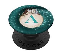 Phone Pop Up Holder,Night Owl Black Teal Monogram Letter A PopSockets Grip and Stand for Phones and Tablets