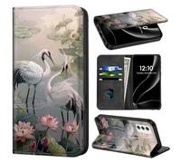 Phone Wallet for Galaxy A54 with Card Holder for Samsung A54 Case PU Leather Folio with RFID Blocking Stand Phone Cover Magnetic Closure,Lotus Pond with Black White Divine Birds