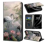 Phone Wallet for Galaxy S24 Ultra with Card Holder for Samsung Galaxy S24 Ultra Case RFID Blocking Stand with PU Leather Folio Phone Cover Magnetic Closure,Lotus Pond with Black White Divine Birds