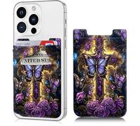 Phone Wallet Stick on, Cell Phone Card Holder Pocket for Back of Phone with Stretchy Lycra Design, Credit Card ID Holder Sleeves Sticker for Galaxy Android Smartphone Case, Purple Butterfly Art