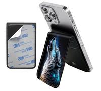 Phone Wallet Stick on, Leather Phone Card Holder,Adhesive Flip Wallet for Phone Case & Back of Cell Phone, Sticky Credit Card for Cell Phone with Elastic Magnetic Closure, Blue Wolf Howlings