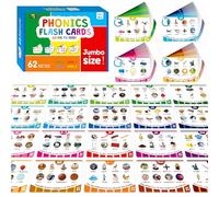 Phonics Flashcards, 120 Phonics 62 Double-sided Cards - 20 Phonic Group Sets CVC, Digraph, Trigraph Blends Long Vowel Sounds, Early Educational Tool for Kids Ages 4-8 Years Old (4 Plastic Rings)