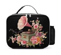 Phonograph Musical Notes Flowers Reusable Lunch Bag Insulated Lunchbox Food Storage Organizer for Work Picnic
