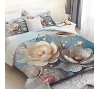 phonxia Beige Floral Pattern Double Duvet Reversible - Light Blue Coverless Duvet, Quilt for All Seasons Rustic Comforter with 2 Pillowcases, Washable Duvets Double, 200x200cm C61