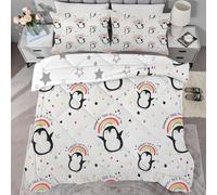 phonxia Cartoon Super King Duvet Set with 2 Pillowcases - Rainbow penguins and rainbow stars Coverless Duvet with Quilt Washable Reversible All Seasons Lightweight Warm - 260 x 220cm - Z12