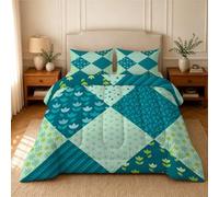 phonxia Ditsy Floral Patchwork Collage Coverless Duvet Double 4.5 Tog, Teal Green Reversible lightweight Duvet Set Diamond Machine Washable Quilt 200x200 cm, Soft Breathable Bedding for Bedroom U169