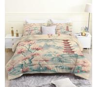 phonxia Japanese Style King Duvet Reversible -Cherry Blossom Patterns Summer Duvet Coverless, Microfiber All-Season Soft Bed Quilt, Machine Washable, 220x260cm Includes 2 PillowcasesH63