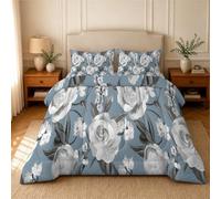 phonxia Large Roses Duvet Double - Coverless Duvet 4.5 Tog with Misty Blue,Lightweight Comforter Set, 1 Quilt Double 200x200cm with 2 Pillowcases Machine Washable Black, white & grey U121