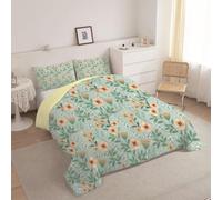 phonxia Super King Duvet - Floral Pattern Reversible Comforter Leaf Coverless for Autumn Winter - Yellow/Green Superking Duvet 260 x 220cm with 2 Pillowcases J63