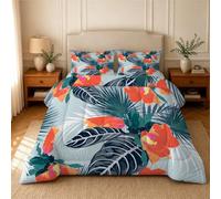phonxia Tropical Hibiscus Leaves & Blooms Coverless Queen Size Duvet 4.5 Tog Reversible Contrast Colour Block Duvet Coverless with Comforter 3 Piece for All Seasons Lightweight Quilt 230x220cm, U155