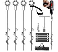 Phopich Ground Anchors Screw in, 4 Pack Swing Set Anchors Heavy Duty Tent Stakes Trampoline Anchors, 15" Spiral High Winds Earth Anchors with Straps for Sheds, Swingset, Tent, RV
