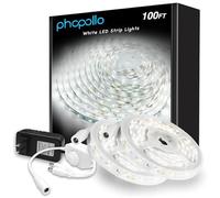 phopollo - White LED String Lights, 100ft (2 Rolls of 50 Feet) Adjustable 6500K, White LED Strip Lights, 1800 Flexible LED Lights for Bedroom, Mirror, Kitchen Decor