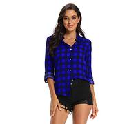 Phorecys Women V Neck Striped Roll up Sleeve Button Down Plaid Shirt Casual Blouses Checked Tops B Blue XX-Large