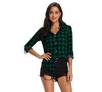 Phorecys Women V Neck Striped Roll up Sleeve Button Down Plaid Shirt Casual Blouses Checked Tops B Green Large