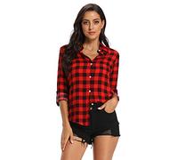Phorecys Women V Neck Striped Roll up Sleeve Button Down Plaid Shirt Casual Blouses Checked Tops B Red XX-Large