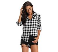 Phorecys Women V Neck Striped Roll up Sleeve Button Down Plaid Shirt Casual Blouses Checked Tops B White X-Large